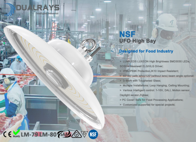 Lumière élevée de baie d'UFO de NSF IP69K IK10 de Dualrays pour l'industrie alimentaire