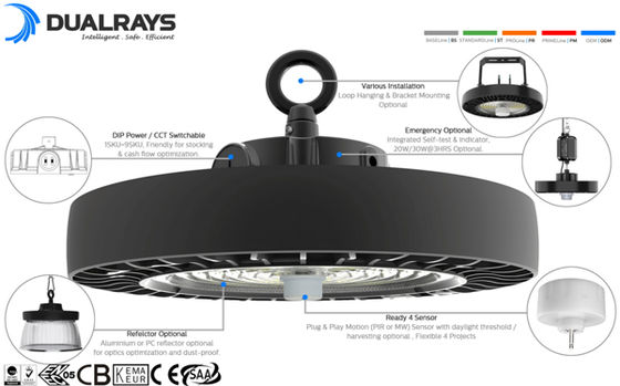HB4H DIP Puissance commutable et CCT UFO LED High Bay Light 150W 150LPW