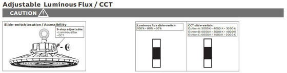 Projecteur industriel LED UFO HB2 avec interrupteur DIP et 3CCT, 100W, 150LPW, avec fonction d'urgence en option