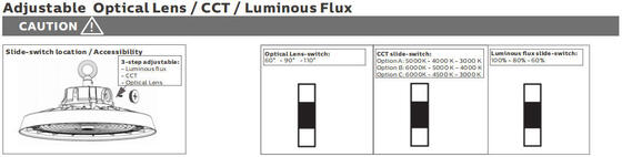 Projecteur industriel LED avec réglages DIP pour la puissance et la température de couleur, et plusieurs options d'angle de faisceau