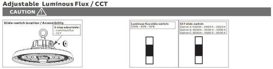 Projecteur industriel LED UFO HB3 avec interrupteur DIP pour la sélection de la puissance et 3 températures de couleur, 100W, 192LPW, prêt pour capteur (PIR/détecteur de mouvement)