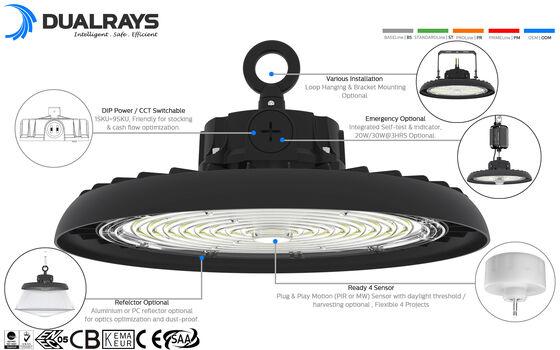 Projecteur industriel LED UFO HB3 avec interrupteur DIP pour la sélection de la puissance et 3 températures de couleur, 100W, 192LPW, prêt pour capteur (PIR/détecteur de mouvement)