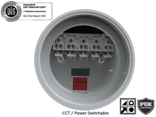 Lampe tubulaire LED marine 1,5 m 60 W IP69K IK10 MTB7 pour quais et passages avec 3 ou 5 passages de câblage connectables et alimentation commutable DIP/3CCT/changement triphasé