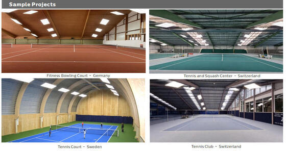 Lampe de sport LED d'intérieur ISP4 avec une efficacité de 140 LPW pour la solution idéale pour tous les types de salles de tennis, elle répond facilement à toutes les classes d'éclairage selon la norme DIN EN 12193 sans éblouissement ni zones sombres.