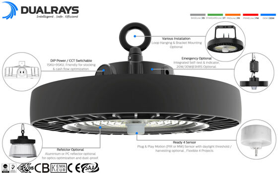 100W 150W 200W 150lm/W double rayon éclairage HB4H UFO lumière LED haute baie IP65 IK08 entrepôt lampe industrielle avec Option de capteur