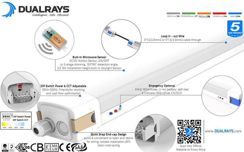 Lampe étanche LED D5 de 5 pieds/60W avec puissance commutable par DIP/3CCT et 1-10V, DALI, détecteur de mouvement, détecteur de lumière du jour, Zigbee et fonction d'urgence