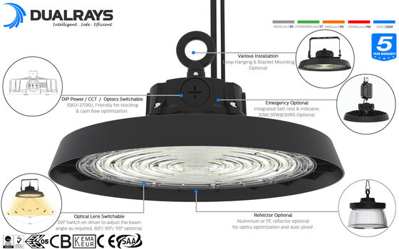 Projecteur industriel LED avec réglages DIP pour la puissance et la température de couleur, et plusieurs options d'angle de faisceau